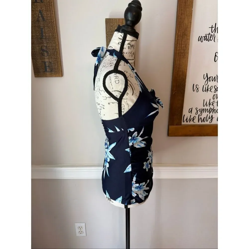 Kona Sol Women's Floral Twist Front Halter Swim Tankini Top Navy Small